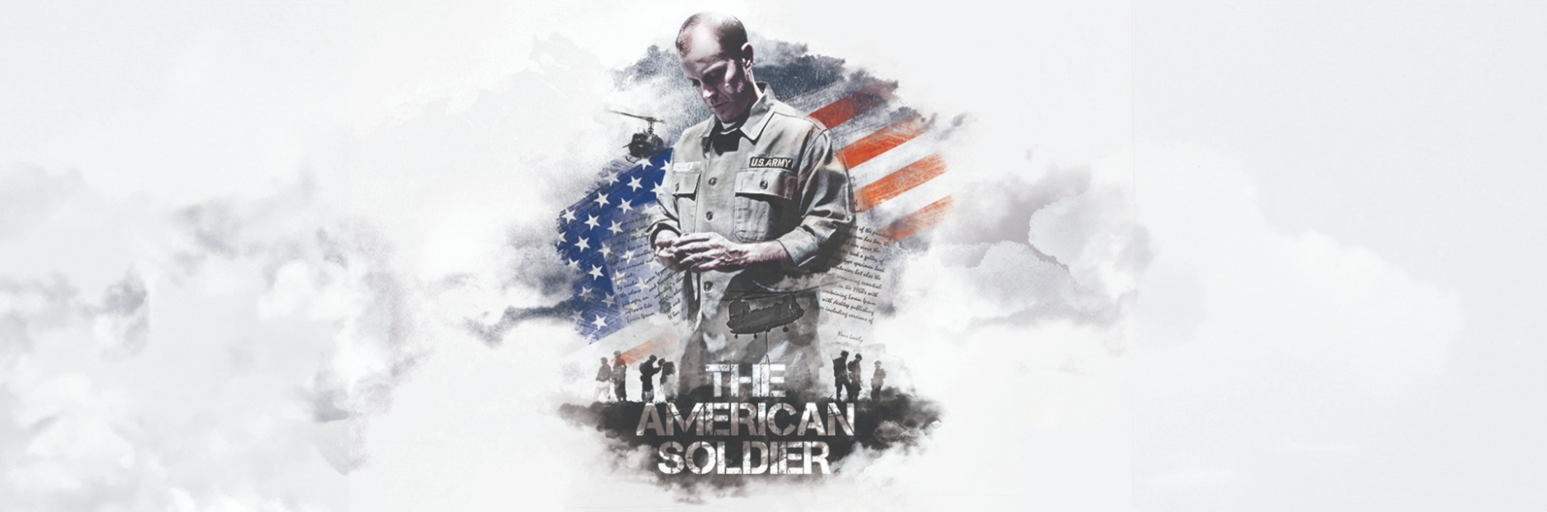 A water color style graphic of a soldier looking down at his hands holding something we cannot see.