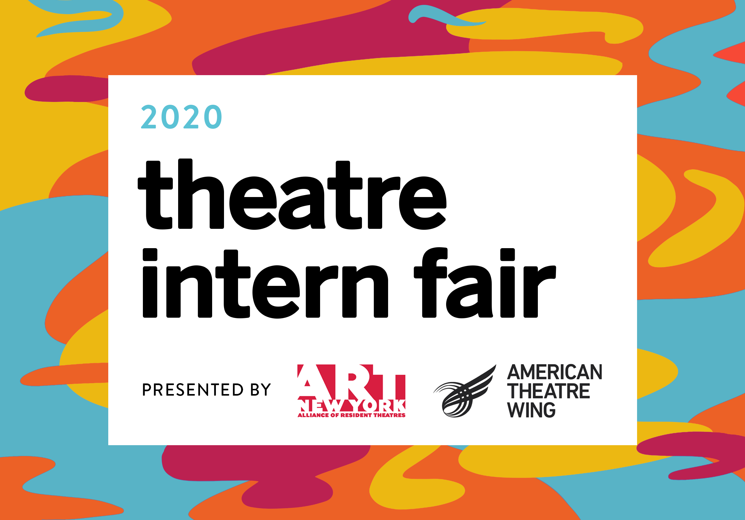 A colorful, vibrant graphic with orange, red, and yellow blobs. On top of the graphic is a box with information about the Intern Fair.