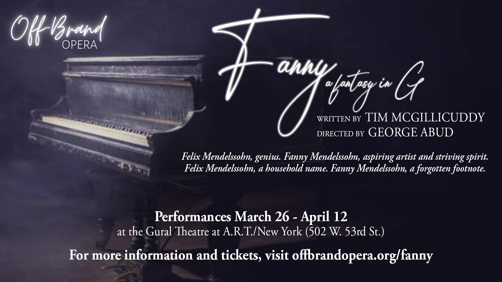 Off Brand Opera presents Fanny A deep purple background and a grand piano. 