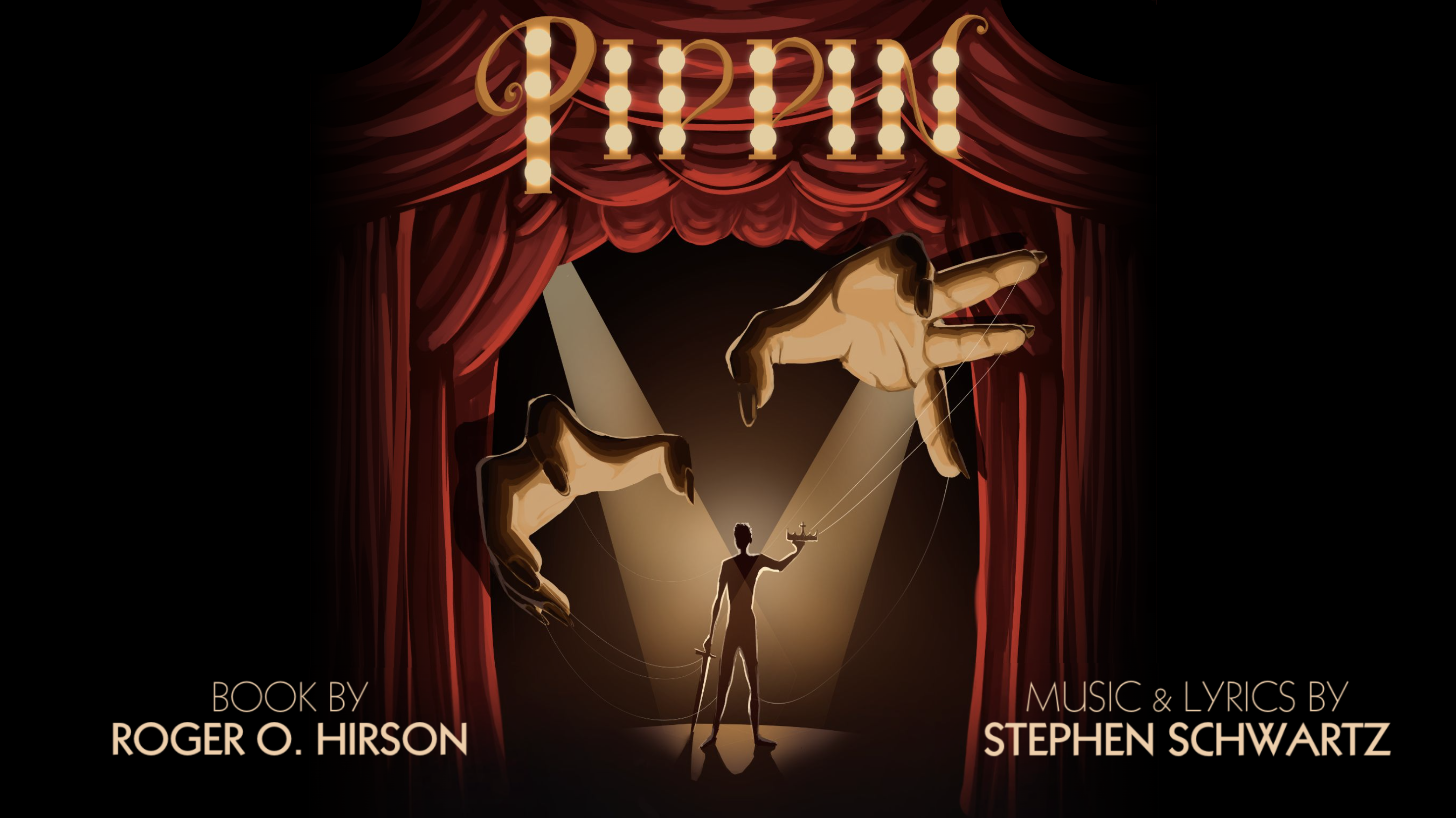 A stage with a red curtain. A body stands center facing upstage. Large hands hover over top with strings attached to the smaller body. A puppet master. 