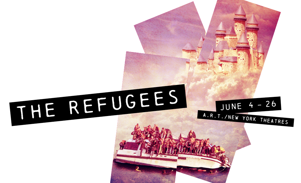 Logo for The Refugees. Beginning in the upper right hand corner, on the diagonal, is a picture of a sandcastle. Under the sand castle, also on a diagonal, is a picture of a small boat, small enough that it could also be called a raft. On the boat, there are about 20 people, gathered shoulder to shoulder. You can't see their faces, but they are all wearing life jackets. On the left hand side of the image the words THE REFUGEES is printed in white lettering on a black background. On the right side are the show dates of June 4 - 26th, and the words A.R.T./New York Theatres