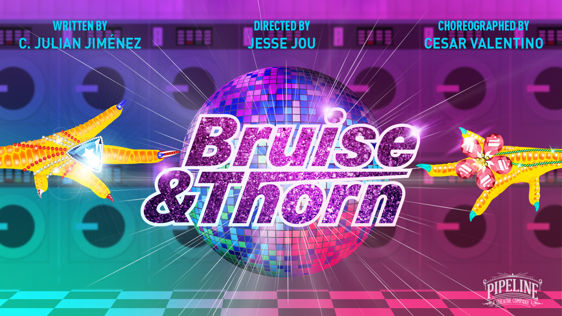 Logo for Bruise & Thorn. Disco ball on a bright purple background, with Bruise and Thorn in yellow type.
