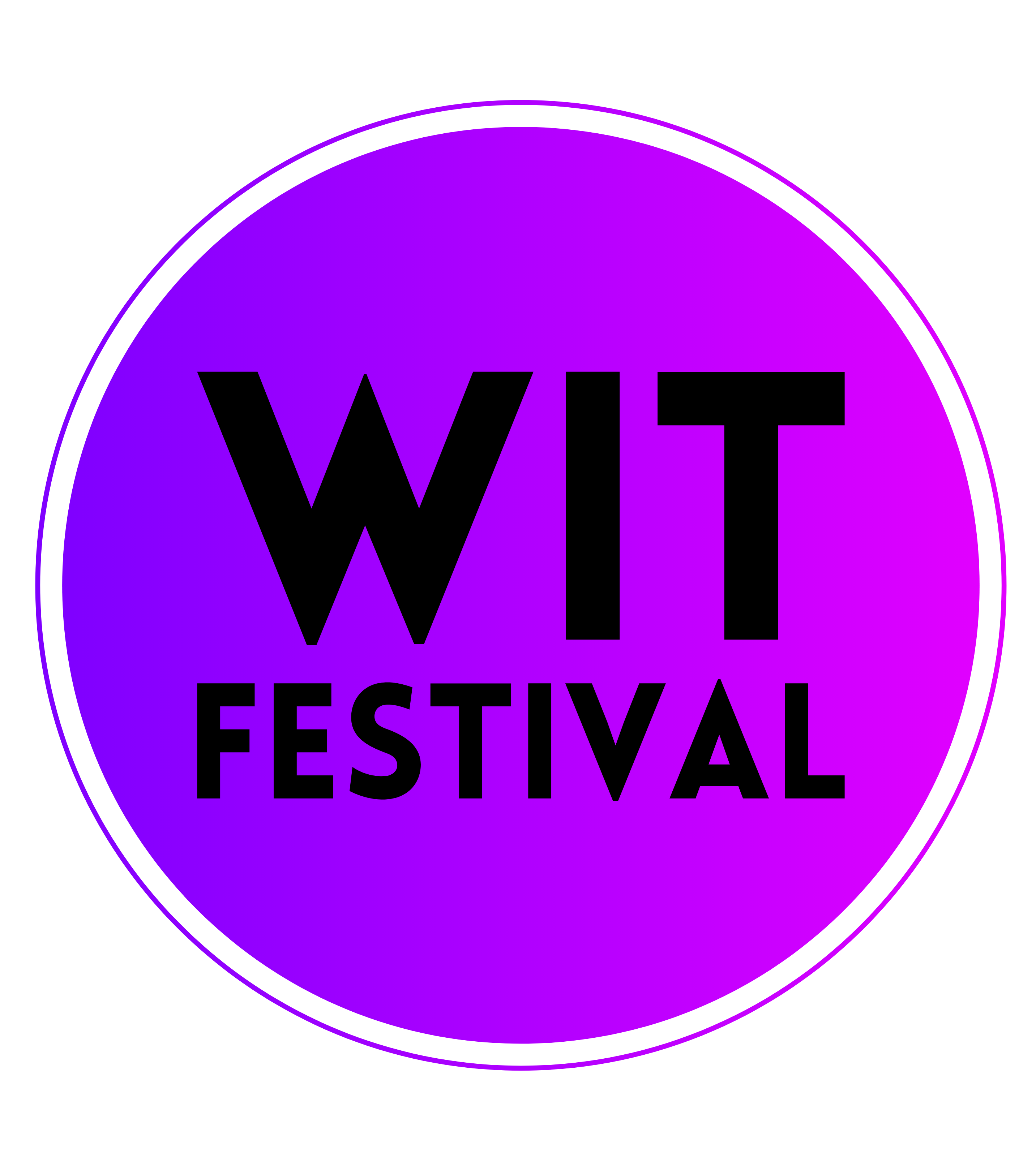 Image for the Women in Theatre Festival. The logo is a bright purple circle with black block lettering stating WIT Festival.