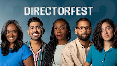 headshots of five directors in front of a blue background with the word DirectorFest at the top.