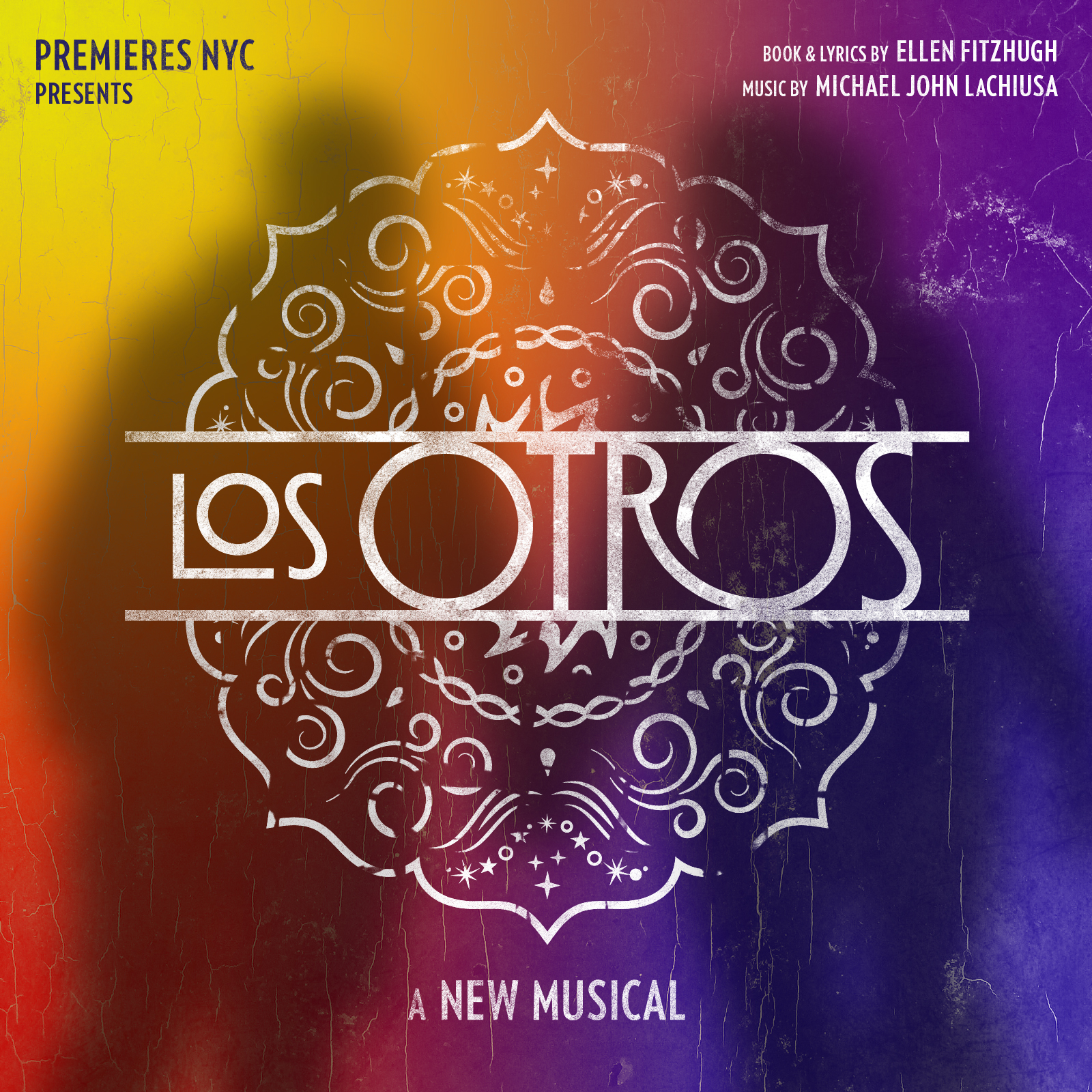 Logo for Los Otros. Beginning in the upper right hand corner there is a color gradient ending in the lower right hand corner. It begins with yellow, then, orange, red, blue, and into purple. In the center is a mandala design, with the words LOS OTROS dividing it in the center. Superimposed on this image are two shadows, a man on the left, and a woman on the right. They are holding hands.