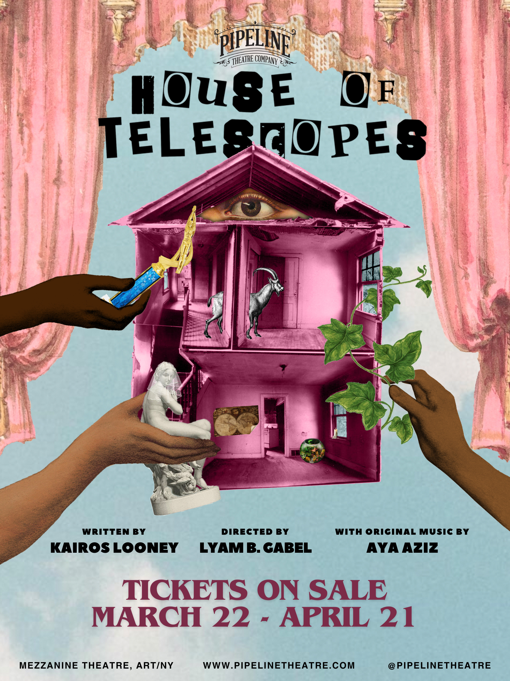 Image for House of Telescopes - the show's title is spelled in cutout letters. There is a pink curtain framing a darker pink house. In the attic of the house is a human eye staring at the viewer. There are 3 hands coming in from the sides of the frame, placing objects into the house - they are a trophy, a statue, and a vine of leaves.
