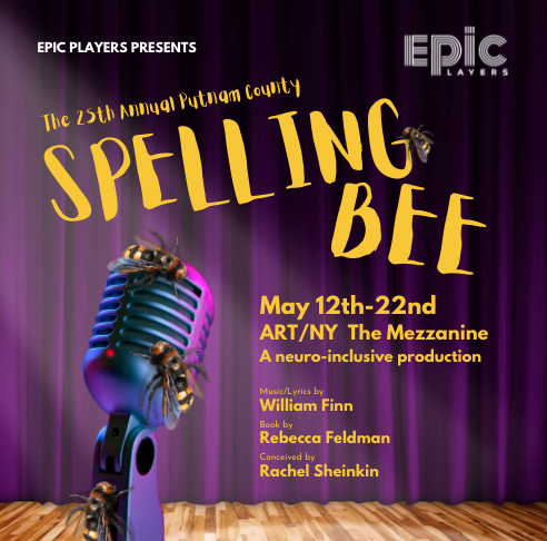 Logo for Spelling Bee. There is a microphone in the foreground with three bees crawling on it. It is lit by a spotlight. There is a purple curtain in the background of the image. The words "The 25th Annual Putnam County Spelling Bee" are in yellow typeface.