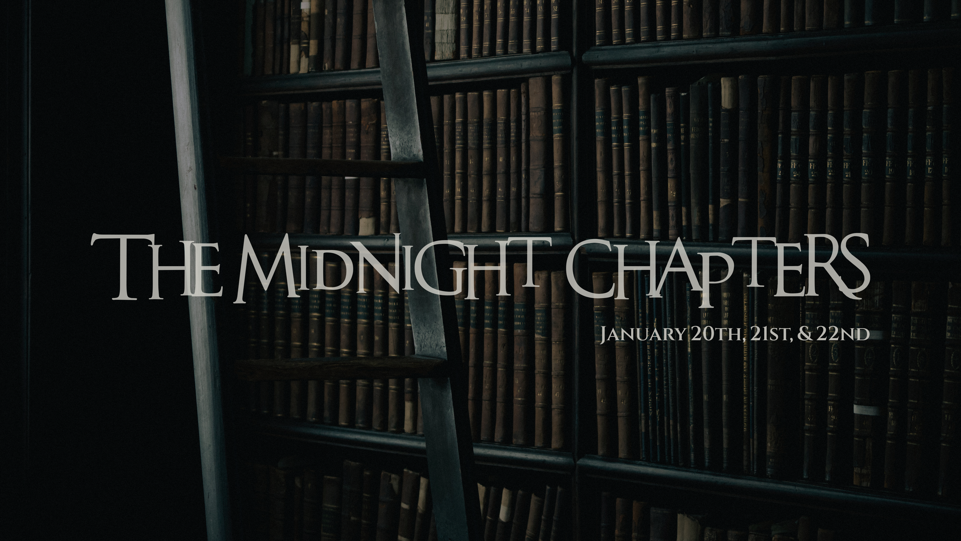 Image for The Midnight Chapters. A bookshelf lines the background of the image, while the words The Midnight Chapters is in the center of the image in the foreground, in a gothic font.