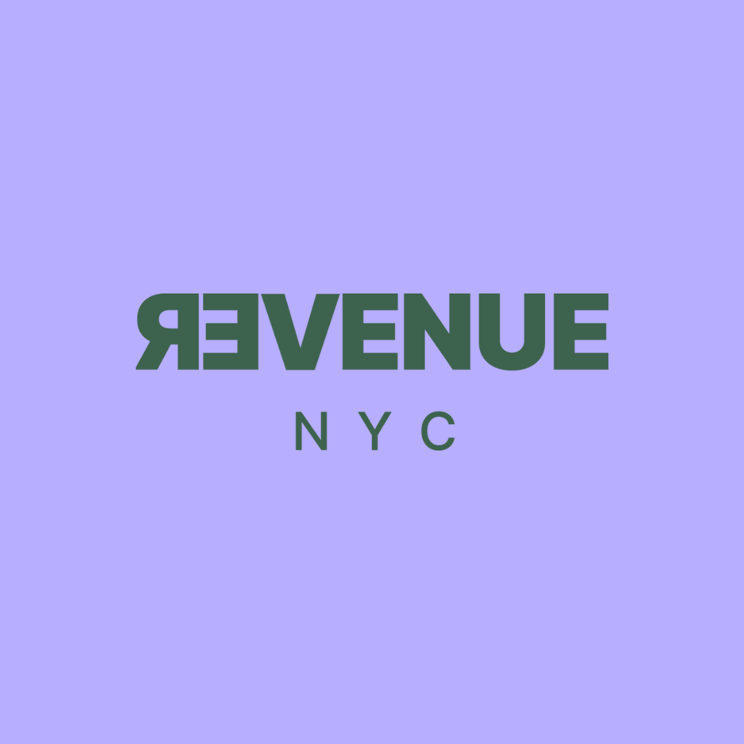 Purple square with green lettering that says REVENUE NYC